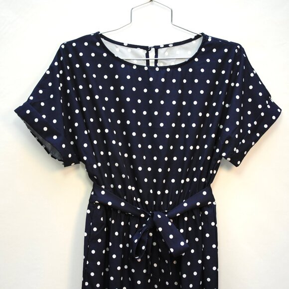 Navy polka dot JUMPSUIT Sz L-XL dressy & flowy, elastic waist, matching belt - Picture 3 of 6